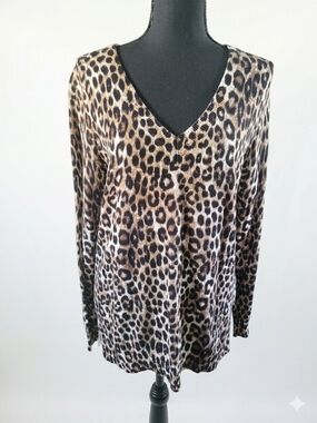 Michael Kors Leopard Print V-Neck Long Sleeve Top - Brown/Black